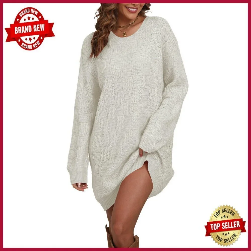Oversized Checkered Sweater Dress Knit Pullover Fall Winter Casual